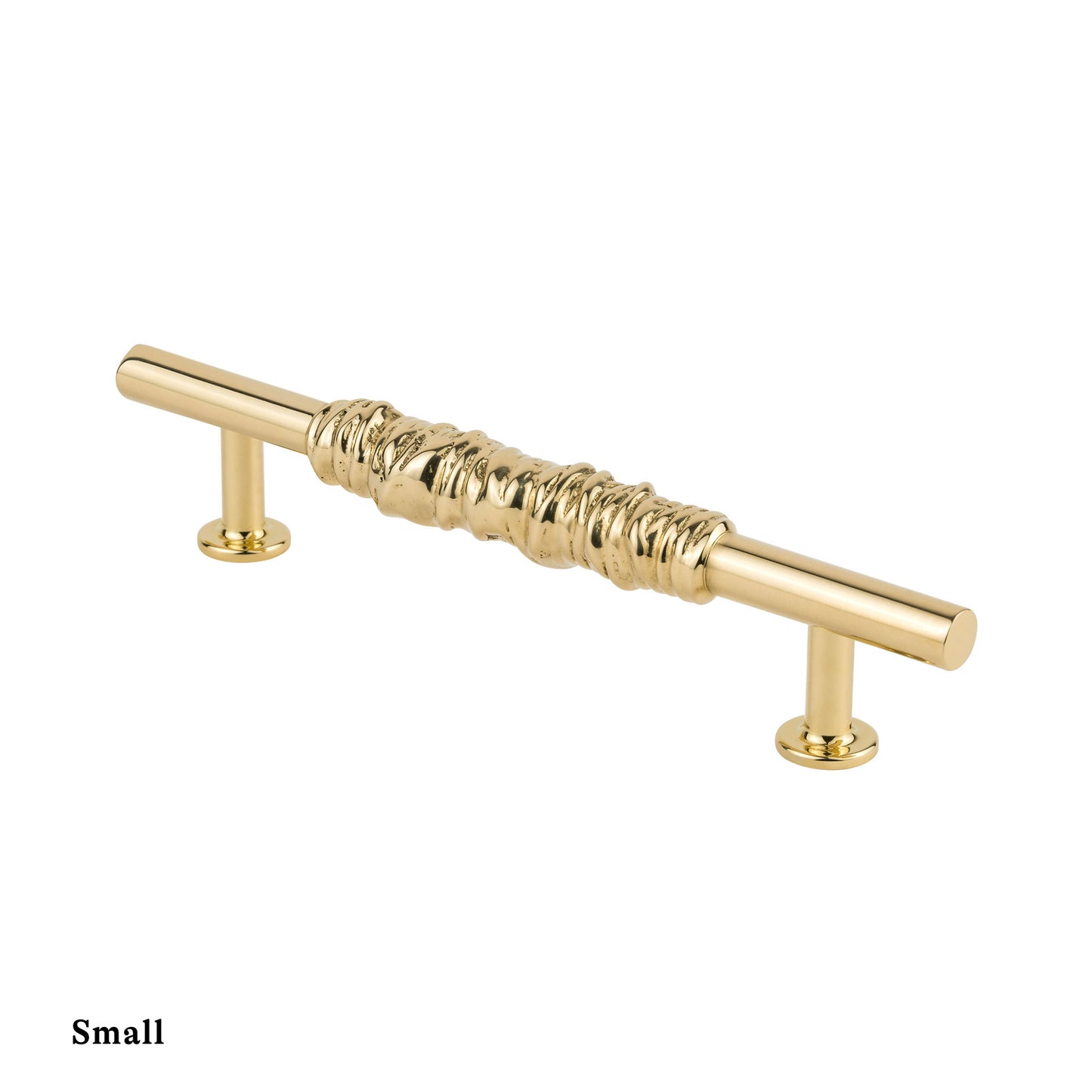 Side view of a brass textured cabinet pull handle on a white background