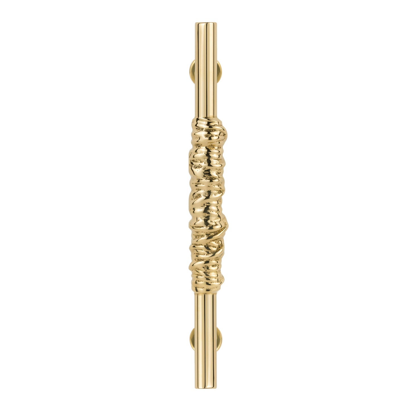 Top view of a brass textured cabinet pull handle on a white background