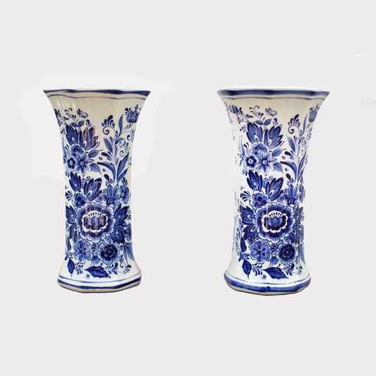 Pair of Vases in Porcelain with Dutch Delft Painted flowers and designs